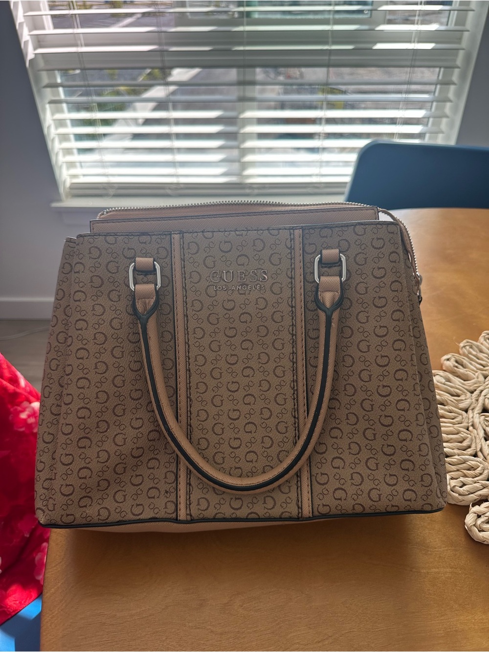 GUESS Brown Monogram Satchel with Dual Top Handles